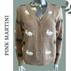 Pink Martini Gia Sweater Button Front V Neck  Cardigan Rabbit Print Size XL